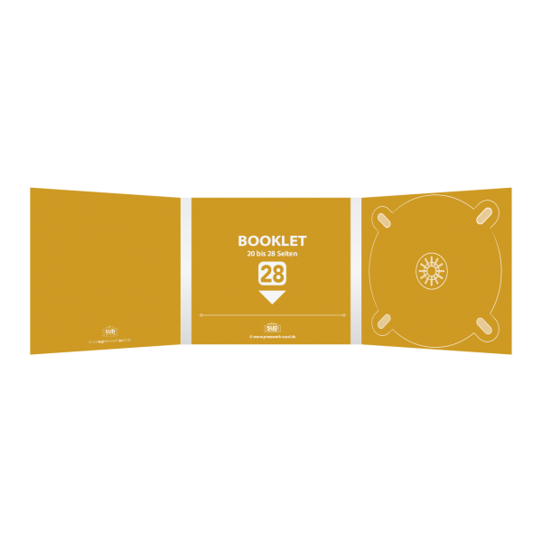 Digipack 6-seitig | 1 CD-Tray (rechts) + 1 Booklet-Schlitz (mitte) für 20-28-seitiges Booklet
